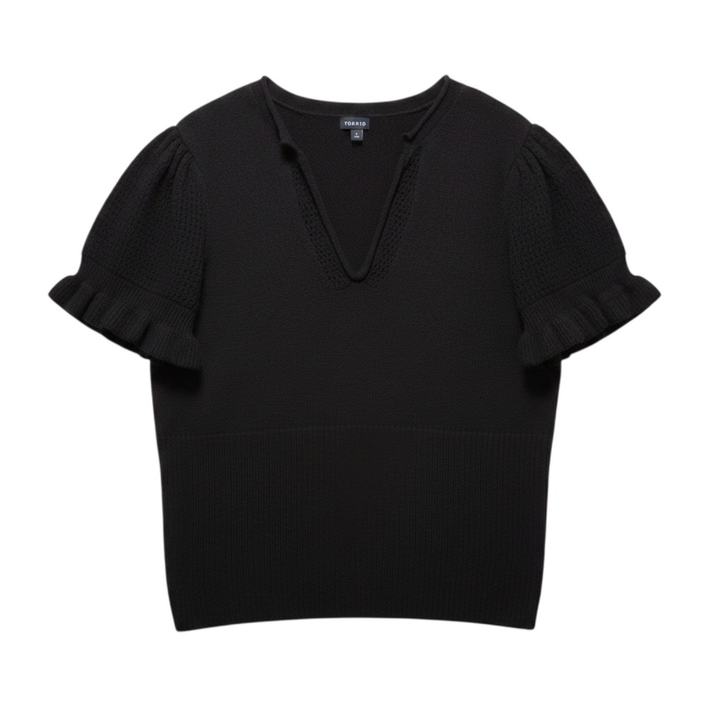 Torrid Sweater 3 3X Black‎ Vegan Cashmere V Neck Ruffle Elbow Sleeve Pullover